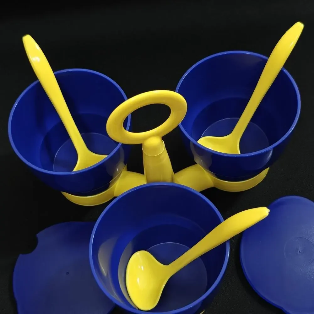 Vintage Tupperware Condiment Caddy Set Cups Spoons Lids Complete Yellow Blue NEW